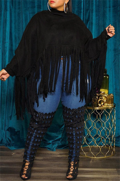 Casual Solid Color Fringed Trim Turtleneck Tops(6 Colors)