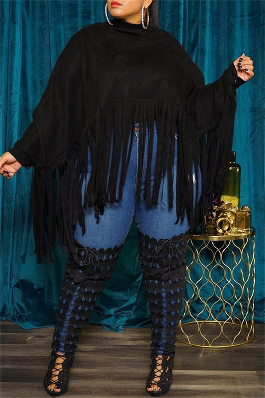 Tops casuales de cuello alto con flecos en color liso (6 colores)