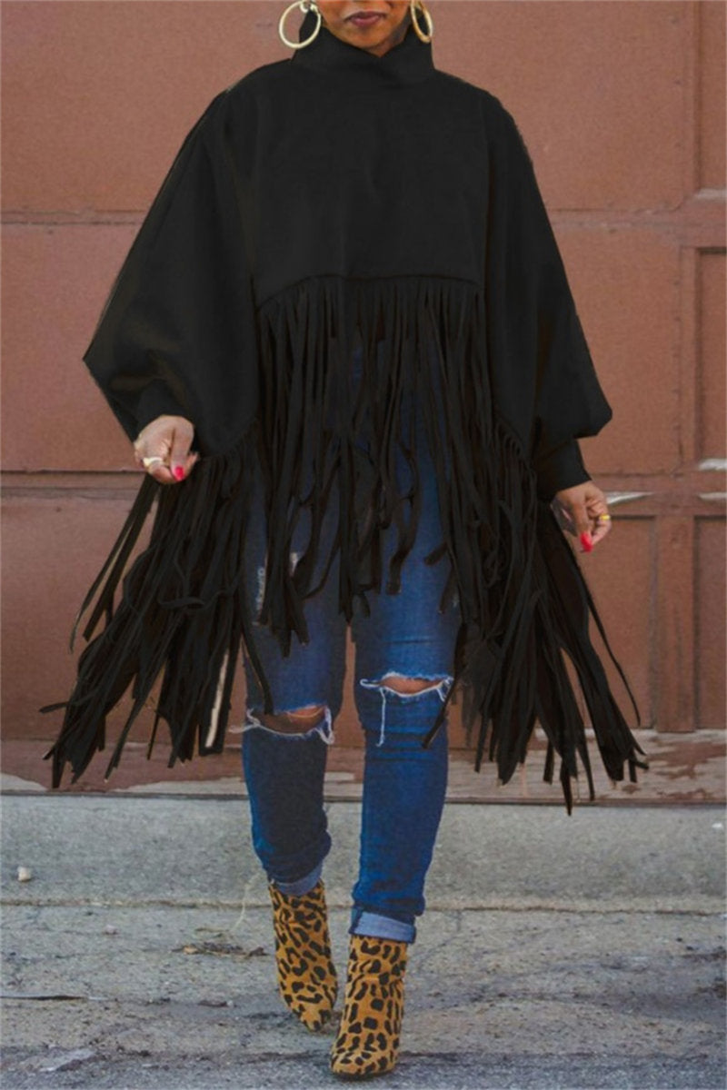 Casual Solid Color Fringed Trim Turtleneck Tops(6 Colors)