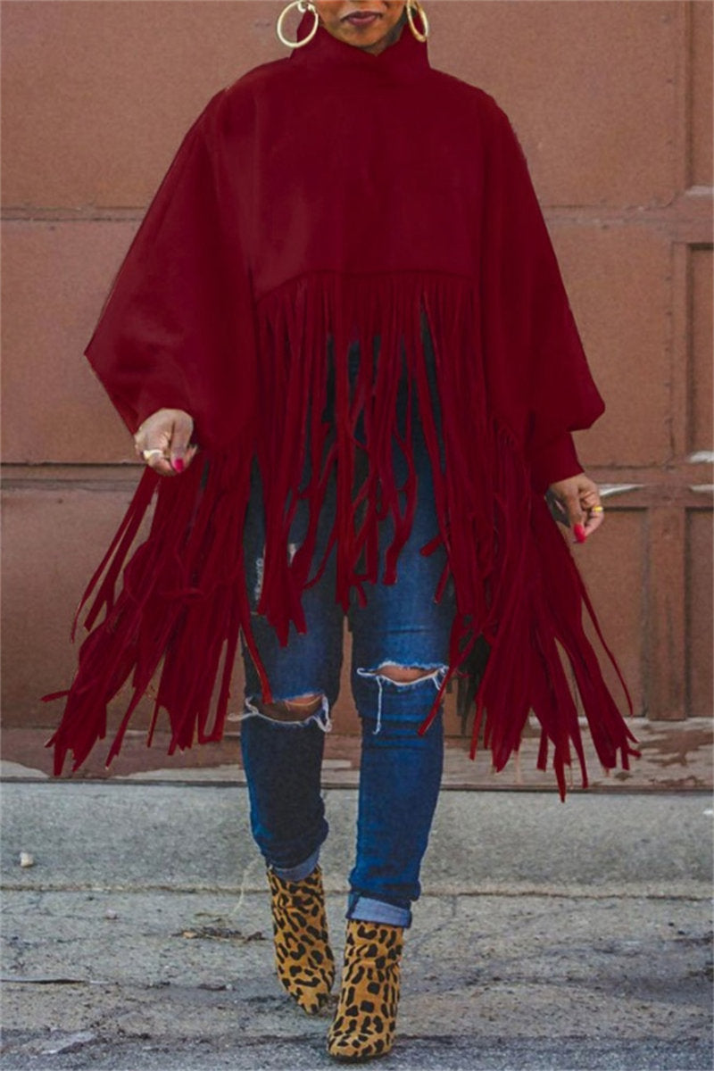 Casual Solid Color Fringed Trim Turtleneck Tops(6 Colors)