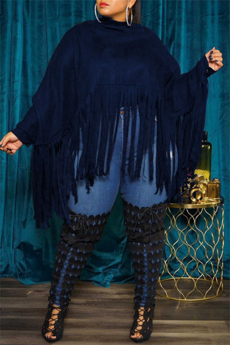 Casual Solid Color Fringed Trim Turtleneck Tops(6 Colors)