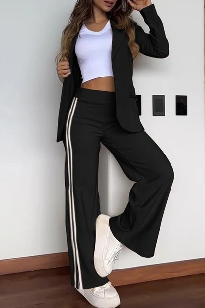 Conjunto informal de dos piezas con rayas y patchwork, cuello vuelto, manga larga (5 colores)