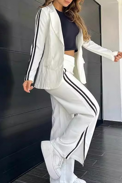 Conjunto informal de dos piezas con rayas y patchwork, cuello vuelto, manga larga (5 colores)