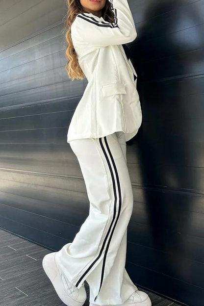 Conjunto informal de dos piezas con rayas y patchwork, cuello vuelto, manga larga (5 colores)
