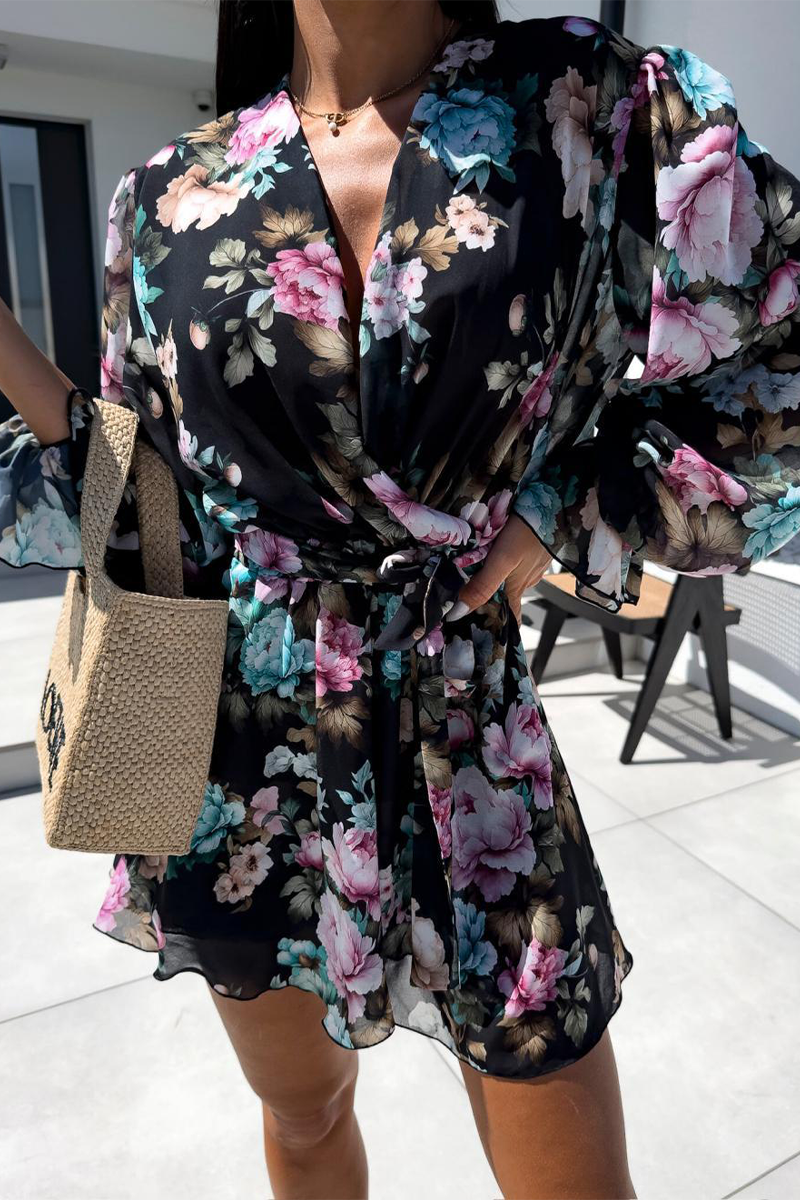 Mono informal de vacaciones con estampado de cebra, flores, encaje, cuello en V en contraste (3 colores)