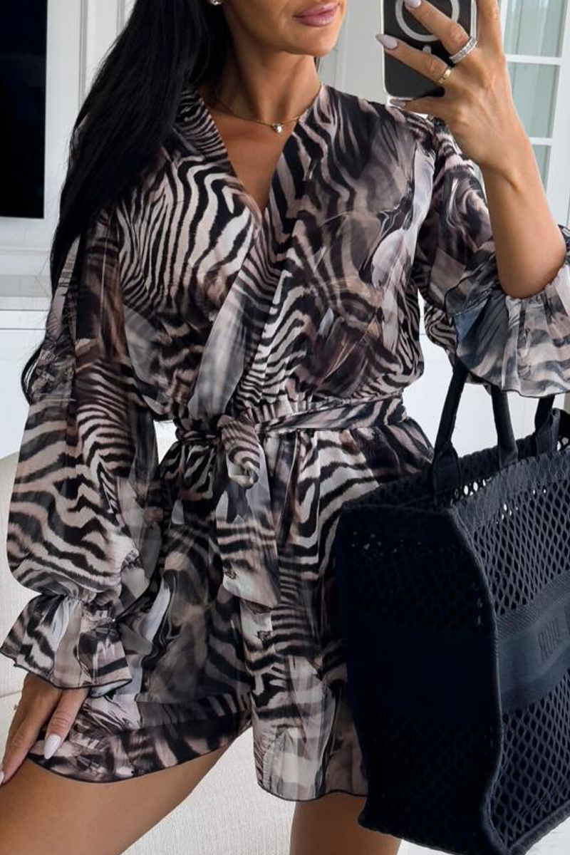 Mono informal de vacaciones con estampado de cebra, flores, encaje, cuello en V en contraste (3 colores)