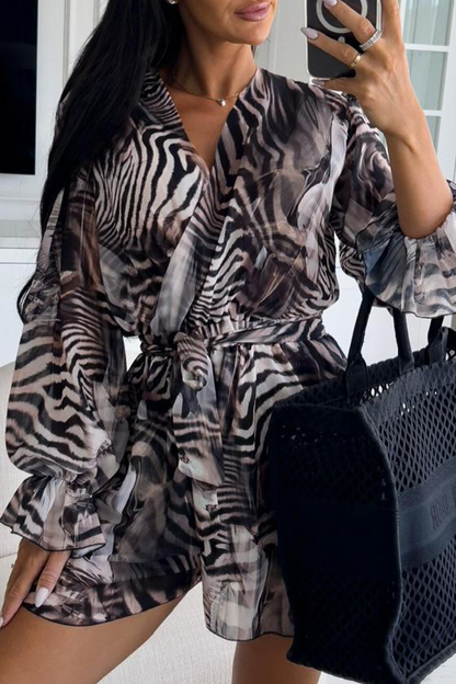 Mono informal de vacaciones con estampado de cebra, flores, encaje, cuello en V en contraste (3 colores)