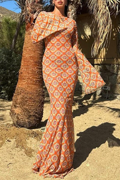 Elegant Print Patchwork Backless O Neck Long Dresses