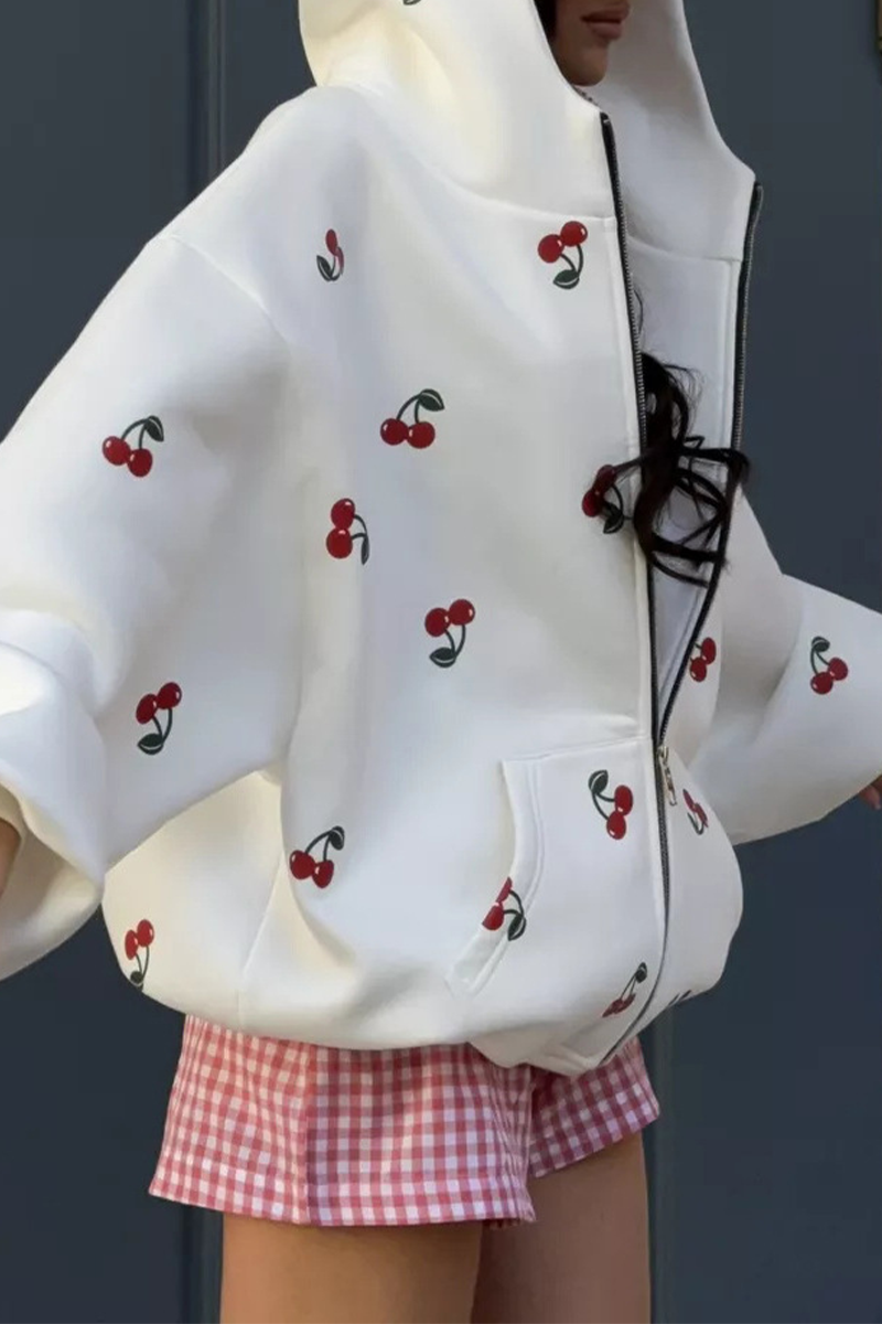 Tops casuales con capucha, cremallera y bolsillo con estampado de frutas de calle