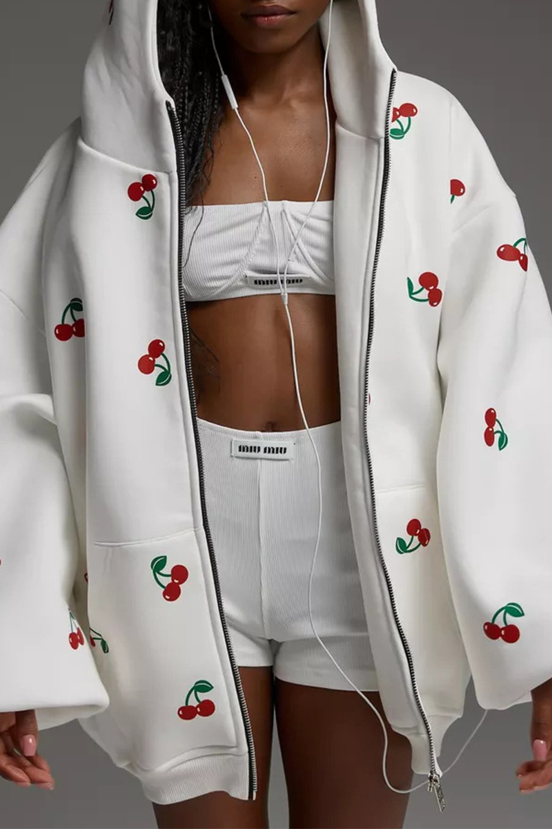 Tops casuales con capucha, cremallera y bolsillo con estampado de frutas de calle