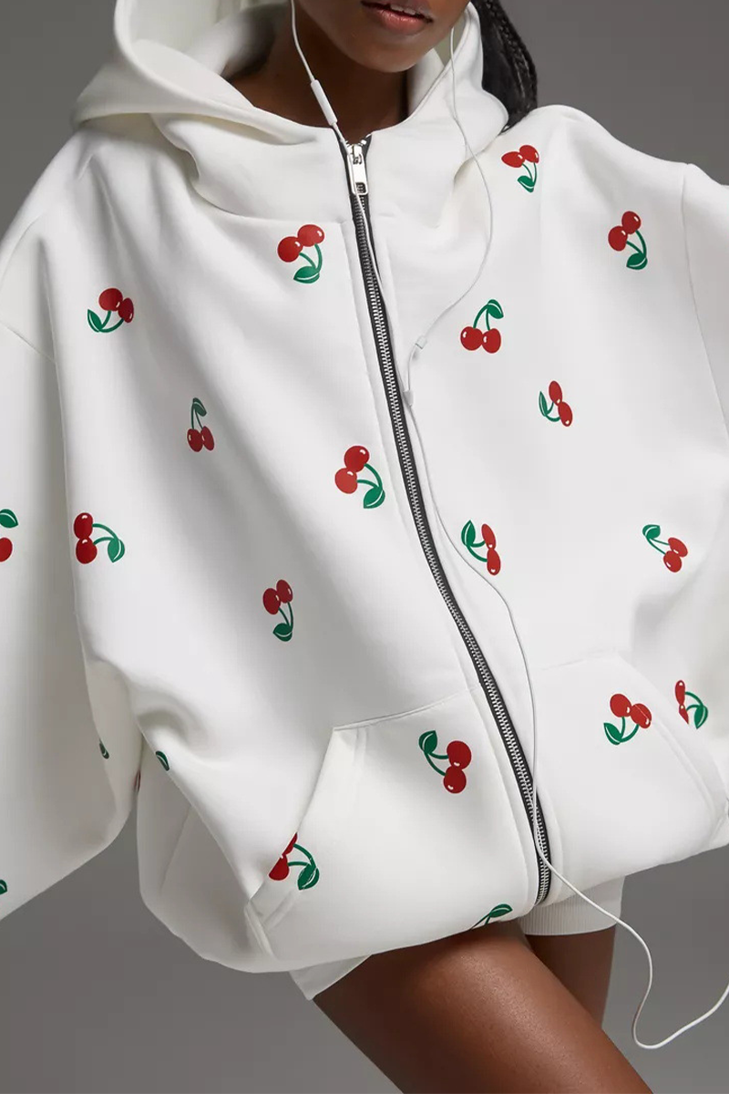 Tops casuales con capucha, cremallera y bolsillo con estampado de frutas de calle