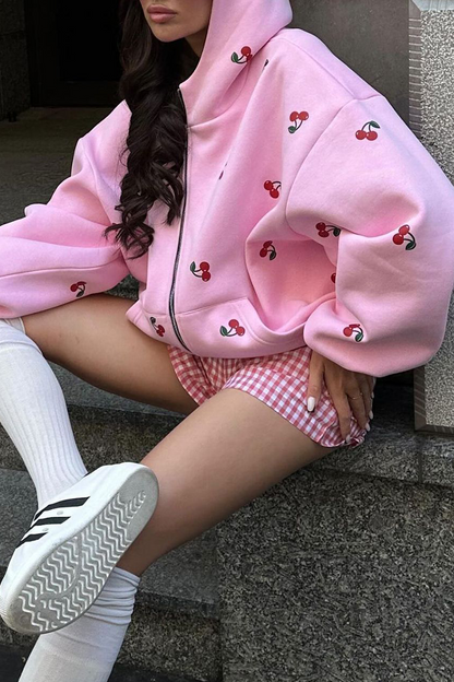 Tops casuales con capucha, cremallera y bolsillo con estampado de frutas de calle