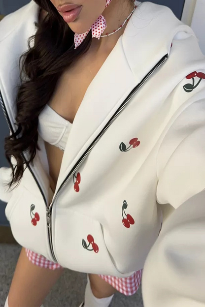 Tops casuales con capucha, cremallera y bolsillo con estampado de frutas de calle