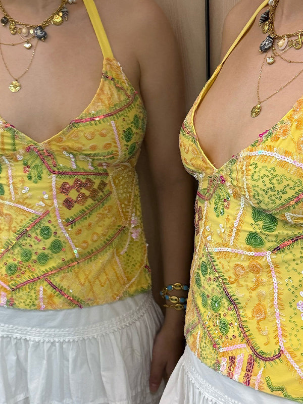 Retro Sequins In Contrasting Colours Halter Vest