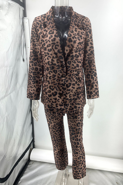 Conjunto informal de dos piezas con cuello vuelto, manga larga y bolsillo de leopardo para calle