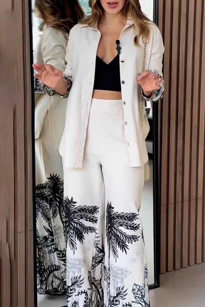 Conjunto de dos piezas con cuello vuelto, manga larga y botones con estampado de paisaje informal
