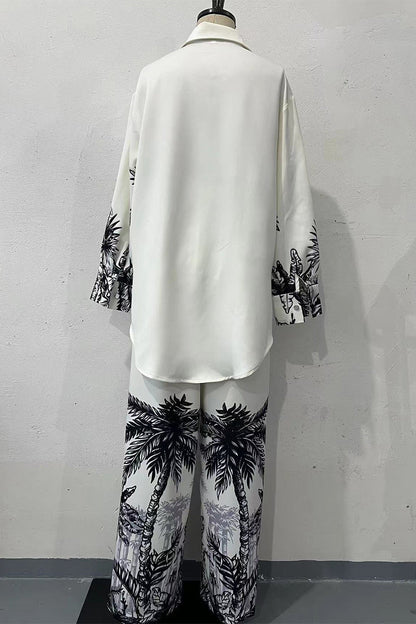 Conjunto de dos piezas con cuello vuelto, manga larga y botones con estampado de paisaje informal