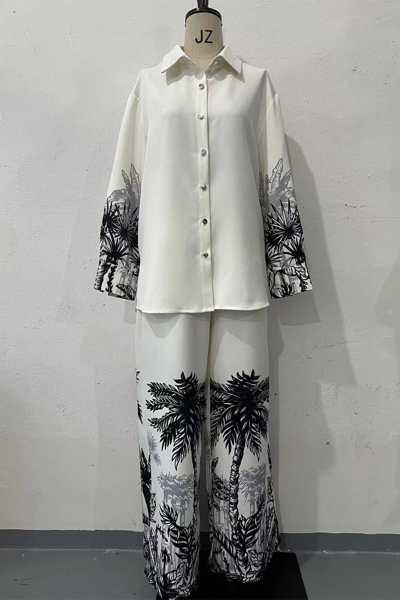 Conjunto de dos piezas con cuello vuelto, manga larga y botones con estampado de paisaje informal