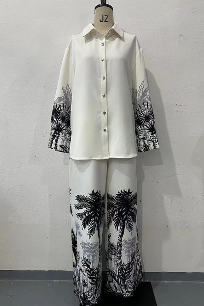 Conjunto de dos piezas con cuello vuelto, manga larga y botones con estampado de paisaje informal