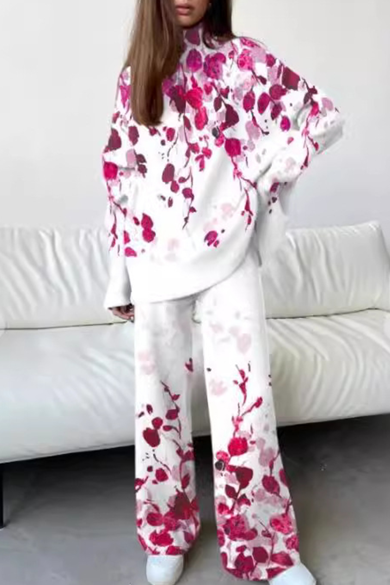 Conjunto informal de dos piezas con cuello alto, manga larga y estampado floral en contraste (5 colores)