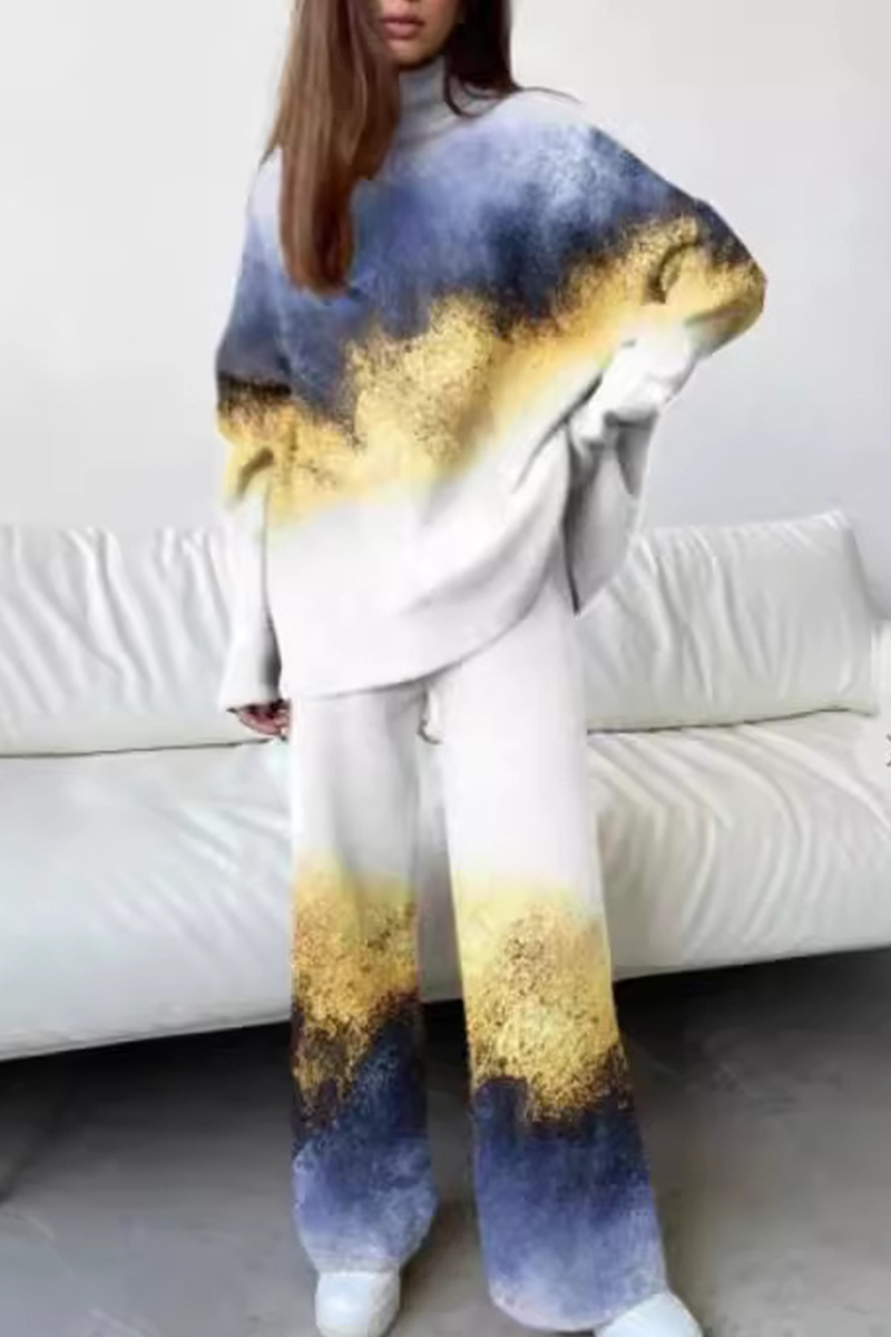 Conjunto informal de dos piezas con cuello alto, manga larga y estampado floral en contraste (5 colores)