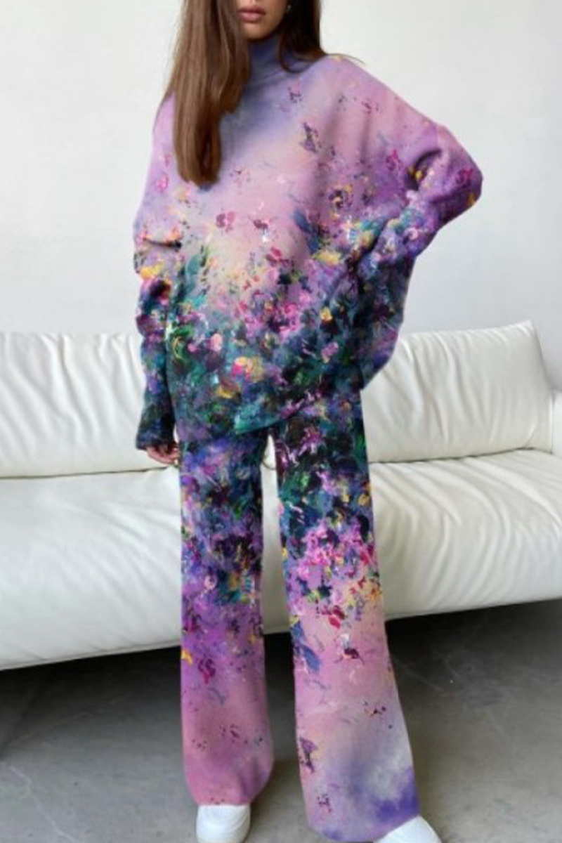 Conjunto informal de dos piezas con cuello alto, manga larga y estampado floral en contraste (5 colores)