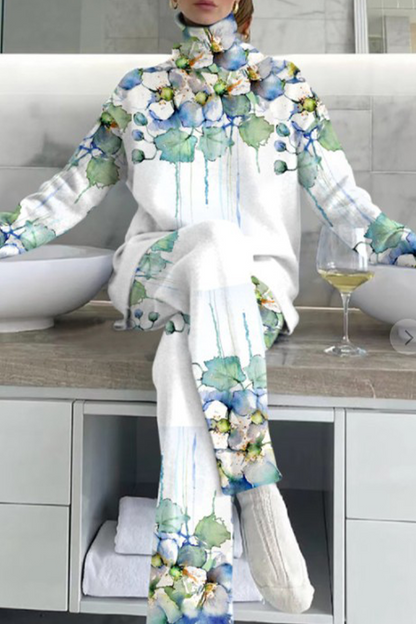 Casual Street Floral Print Contrast Turtleneck Long Sleeve Two Pieces(5 Colors)
