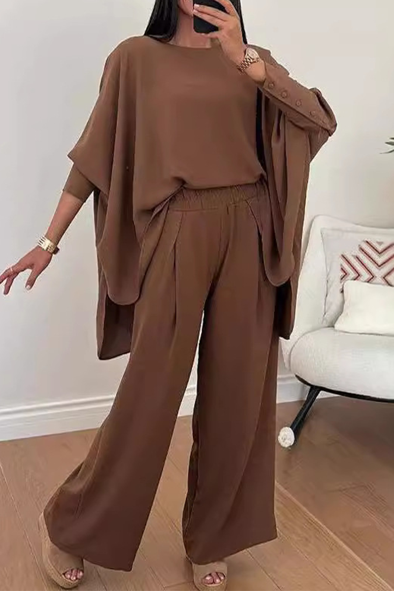 Conjunto informal de dos piezas con cuello redondo, manga larga y abertura en la calle (3 colores)