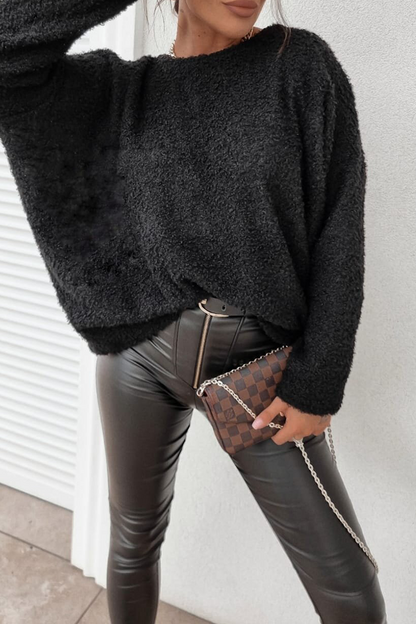 Tops casuales de cuello redondo esponjosos de color sólido para uso diario