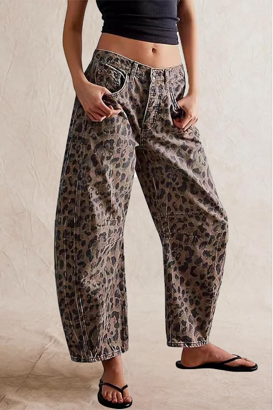 Vaqueros holgados de cintura media con bolsillo de leopardo para calle informal