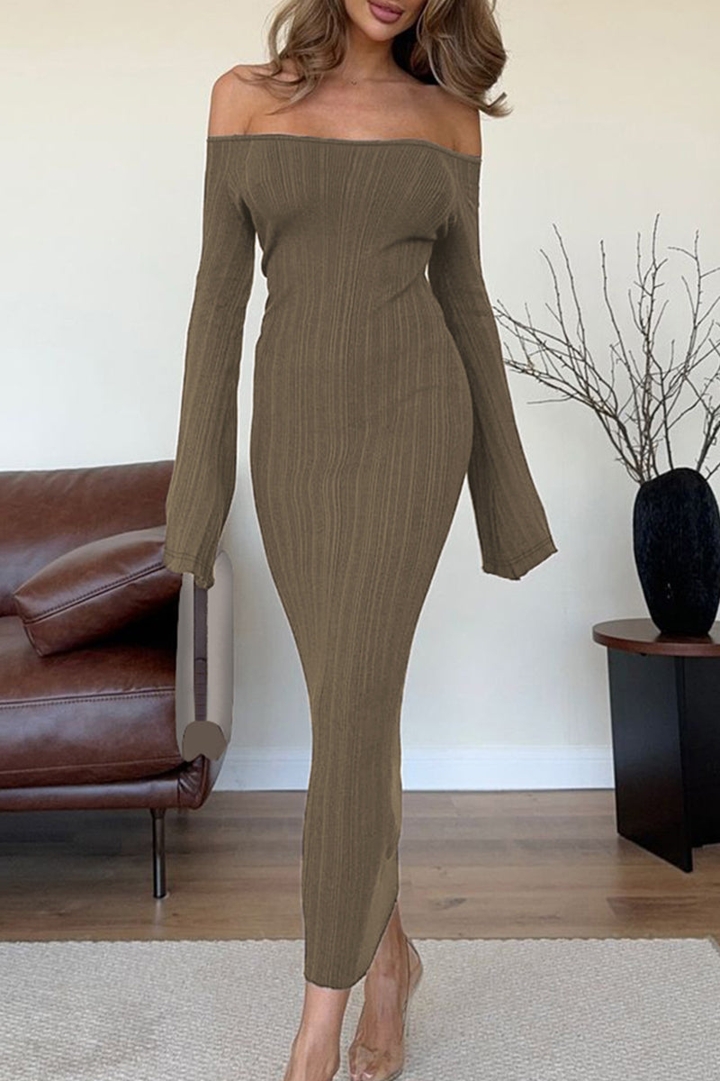 Elegantes vestidos largos con hombros descubiertos y espalda descubierta con patchwork