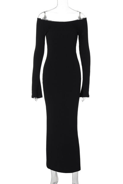 Elegantes vestidos largos con hombros descubiertos y espalda descubierta con patchwork