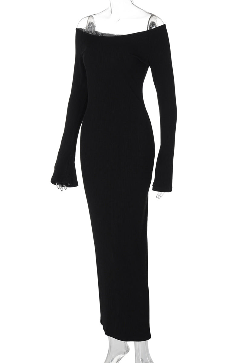 Elegantes vestidos largos con hombros descubiertos y espalda descubierta con patchwork