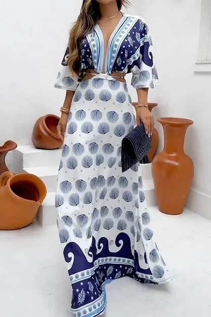Vestidos sexis de vacaciones con estampado floral y escote en V calado