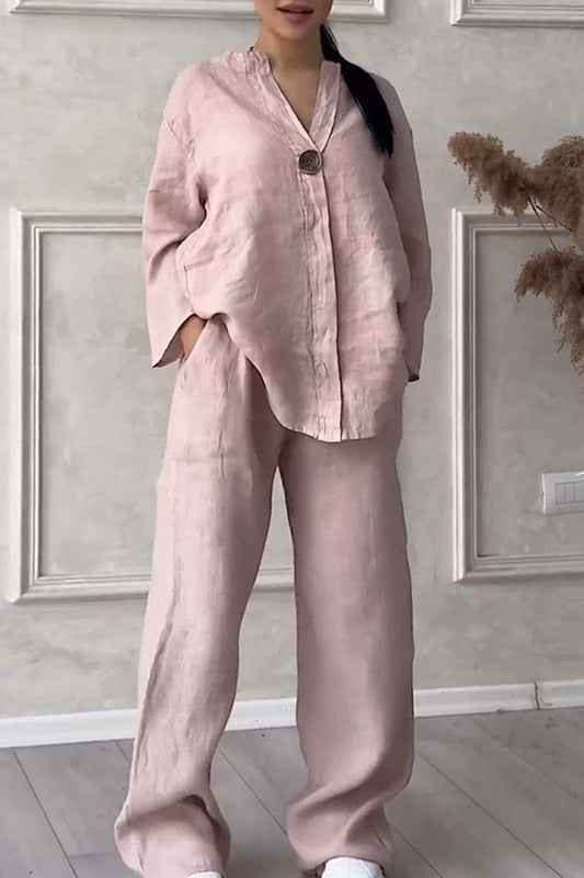Conjunto informal básico de dos piezas con cuello en V y manga larga (9 colores)