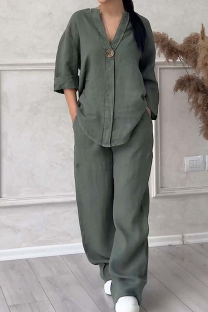 Conjunto informal básico de dos piezas con cuello en V y manga larga (9 colores)