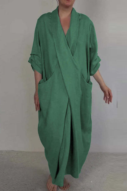 Vestidos largos casuales de color sólido con abertura en el bolsillo y escote en V (7 colores)