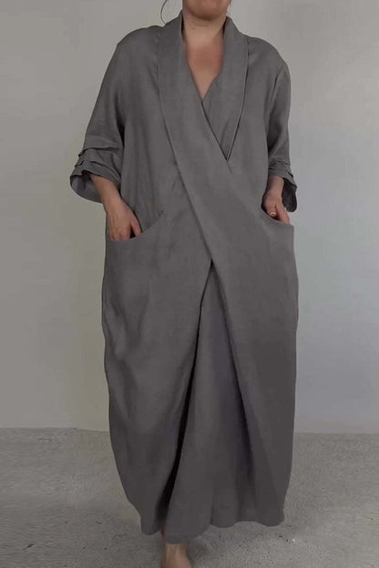 Vestidos largos casuales de color sólido con abertura en el bolsillo y escote en V (7 colores)