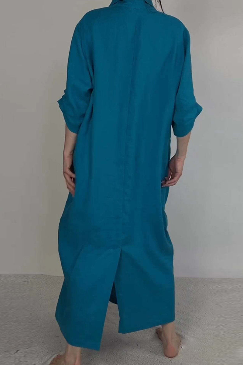 Vestidos largos casuales de color sólido con abertura en el bolsillo y escote en V (7 colores)