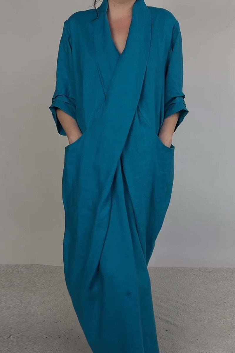 Vestidos largos casuales de color sólido con abertura en el bolsillo y escote en V (7 colores)