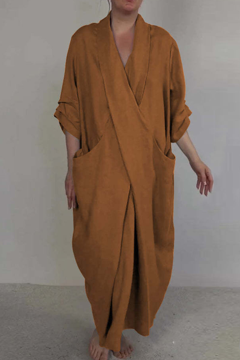 Vestidos largos casuales de color sólido con abertura en el bolsillo y escote en V (7 colores)