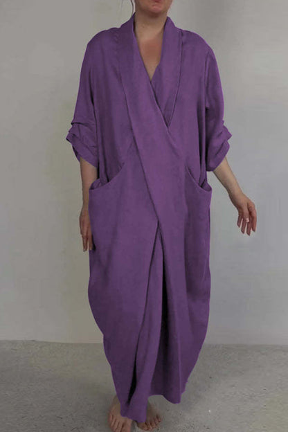 Vestidos largos casuales de color sólido con abertura en el bolsillo y escote en V (7 colores)