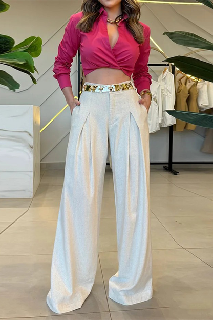 Conjunto de dos piezas de manga larga con cuello vuelto y bolsillos de estilo urbano sexy (sin cinturón)