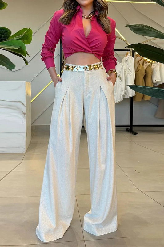 Conjunto de dos piezas de manga larga con cuello vuelto y bolsillos de estilo urbano sexy (sin cinturón)