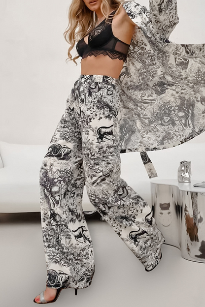 Conjunto de dos piezas con cuello en V, manga larga y cordones con estampado de paisaje urbano informal