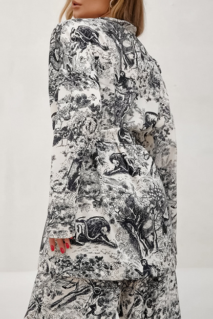 Conjunto de dos piezas con cuello en V, manga larga y cordones con estampado de paisaje urbano informal