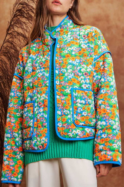 Prendas de abrigo informales con cuello mandarín, patchwork y bolsillos con flores en contraste (12 colores)