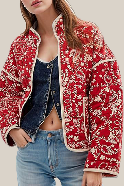 Prendas de abrigo informales con cuello mandarín, patchwork y bolsillos con flores en contraste (12 colores)