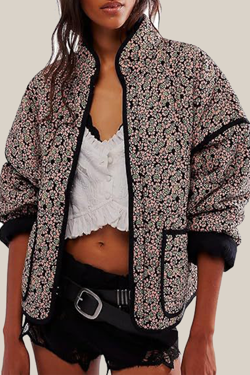 Prendas de abrigo informales con cuello mandarín, patchwork y bolsillos con flores en contraste (12 colores)