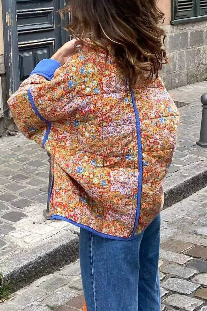 Prendas de abrigo informales con cuello mandarín, patchwork y bolsillos con flores en contraste (12 colores)